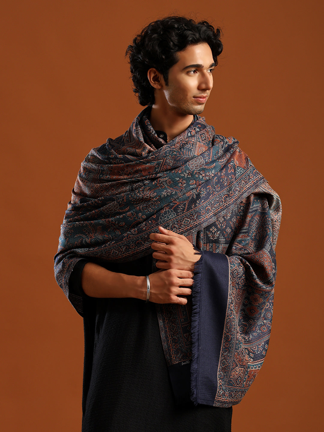 Tweedle Men’s Jamawar Shawl, Faux Pashmina, Reversible Design, Blue– Size 40 x 80 inches