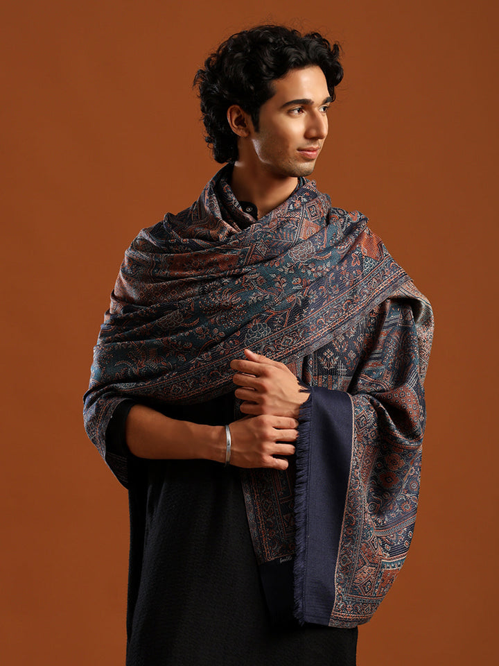 Tweedle Men’s Jamawar Shawl, Faux Pashmina, Reversible Design, Blue– Size 40 x 80 inches