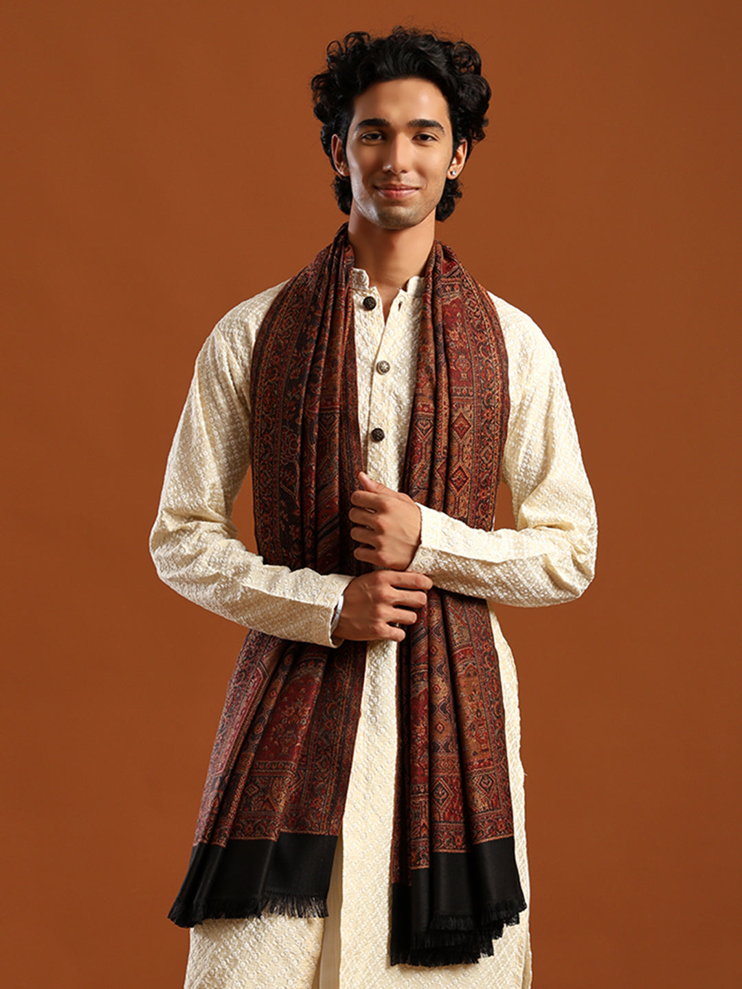 Tweedle Men’s Jamawar Shawl, Faux Pashmina, Reversible Design, Black – Size 40 x 80 inches
