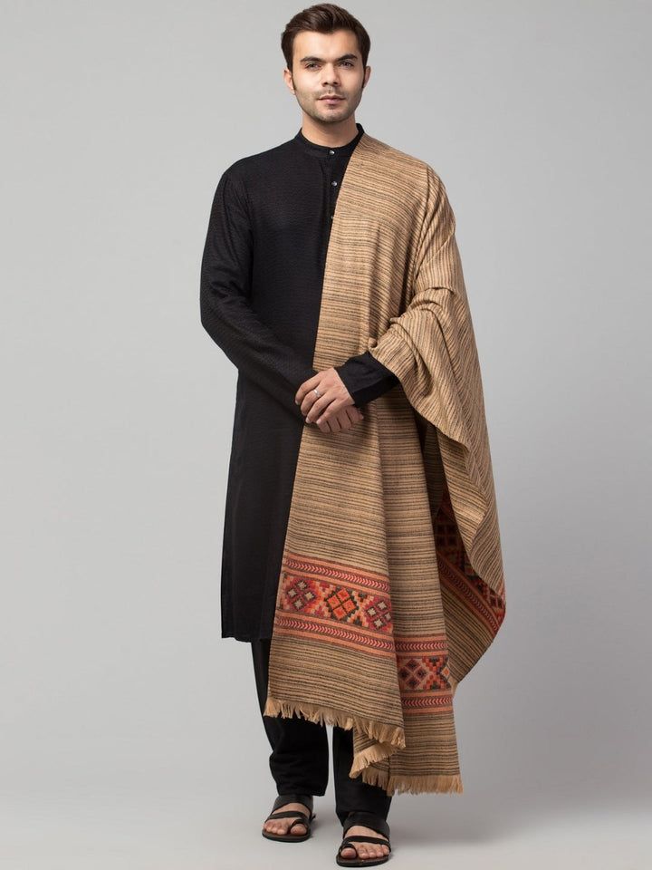 Tweedle Kullu Pattern Wool Blend Shawl for Men | Traditional Himachali Design | Beige -  40x80