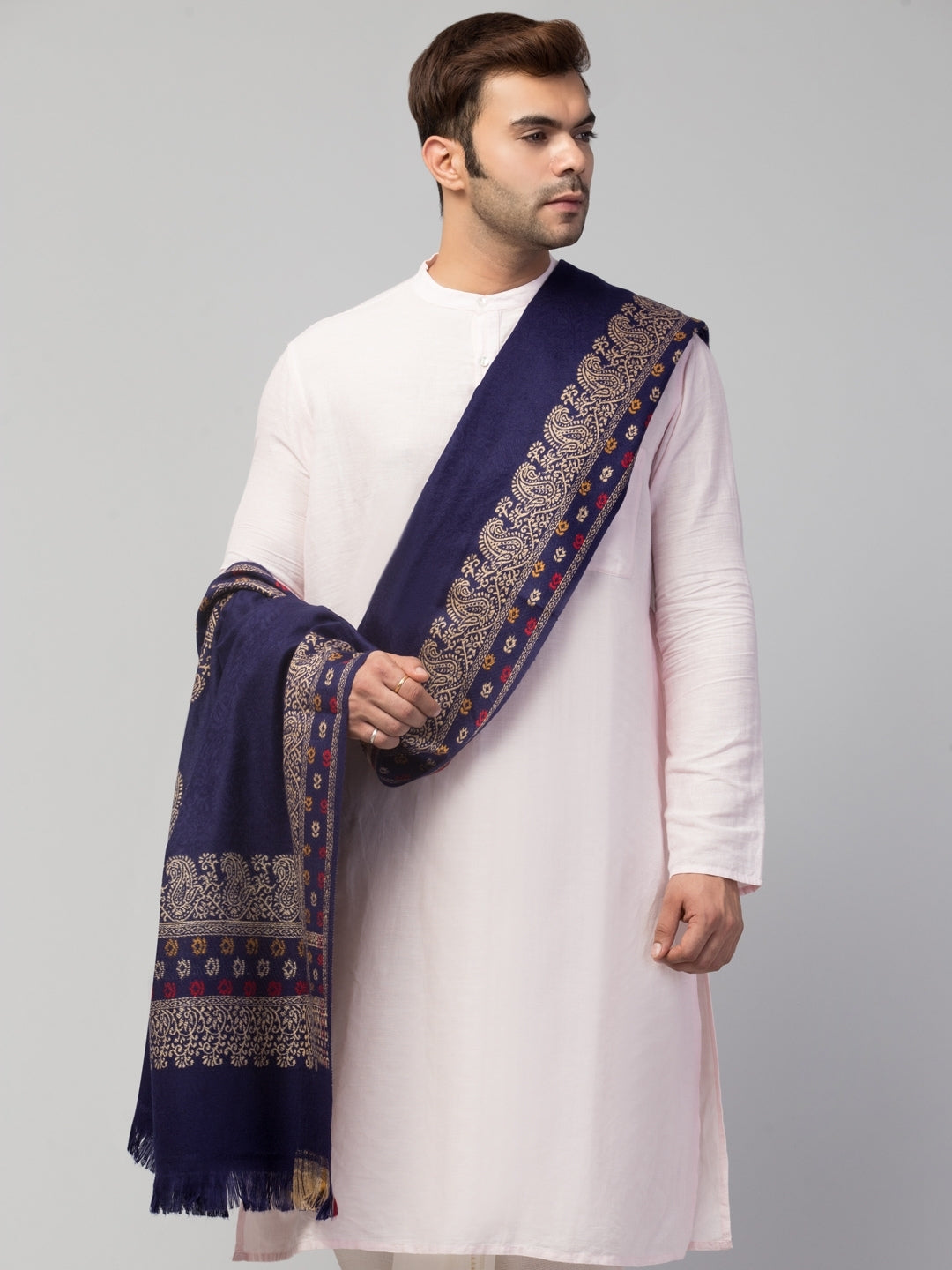 Tweedle Self-Design Jamawar Shawl for Men, Wool Blend, Blue – 40x80