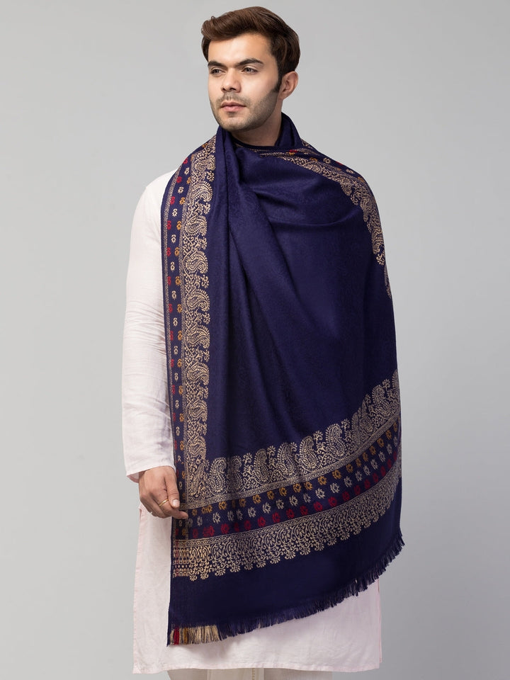 Tweedle Self-Design Jamawar Shawl for Men, Wool Blend, Blue – 40x80