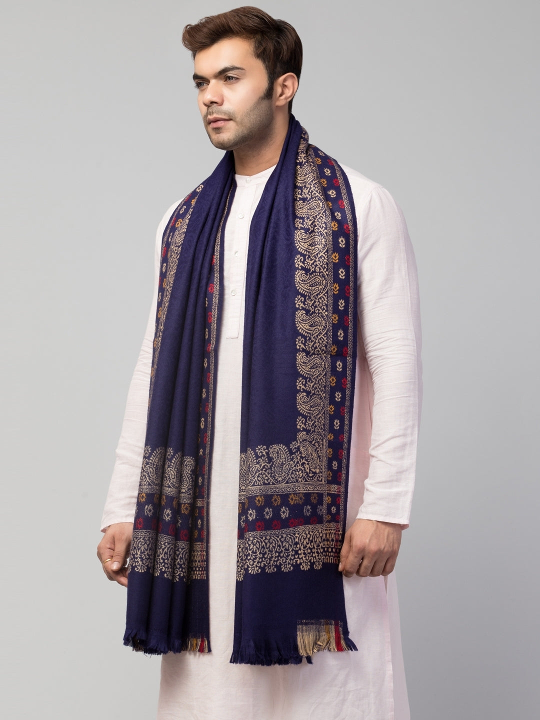 Tweedle Self-Design Jamawar Shawl for Men, Wool Blend, Blue – 40x80
