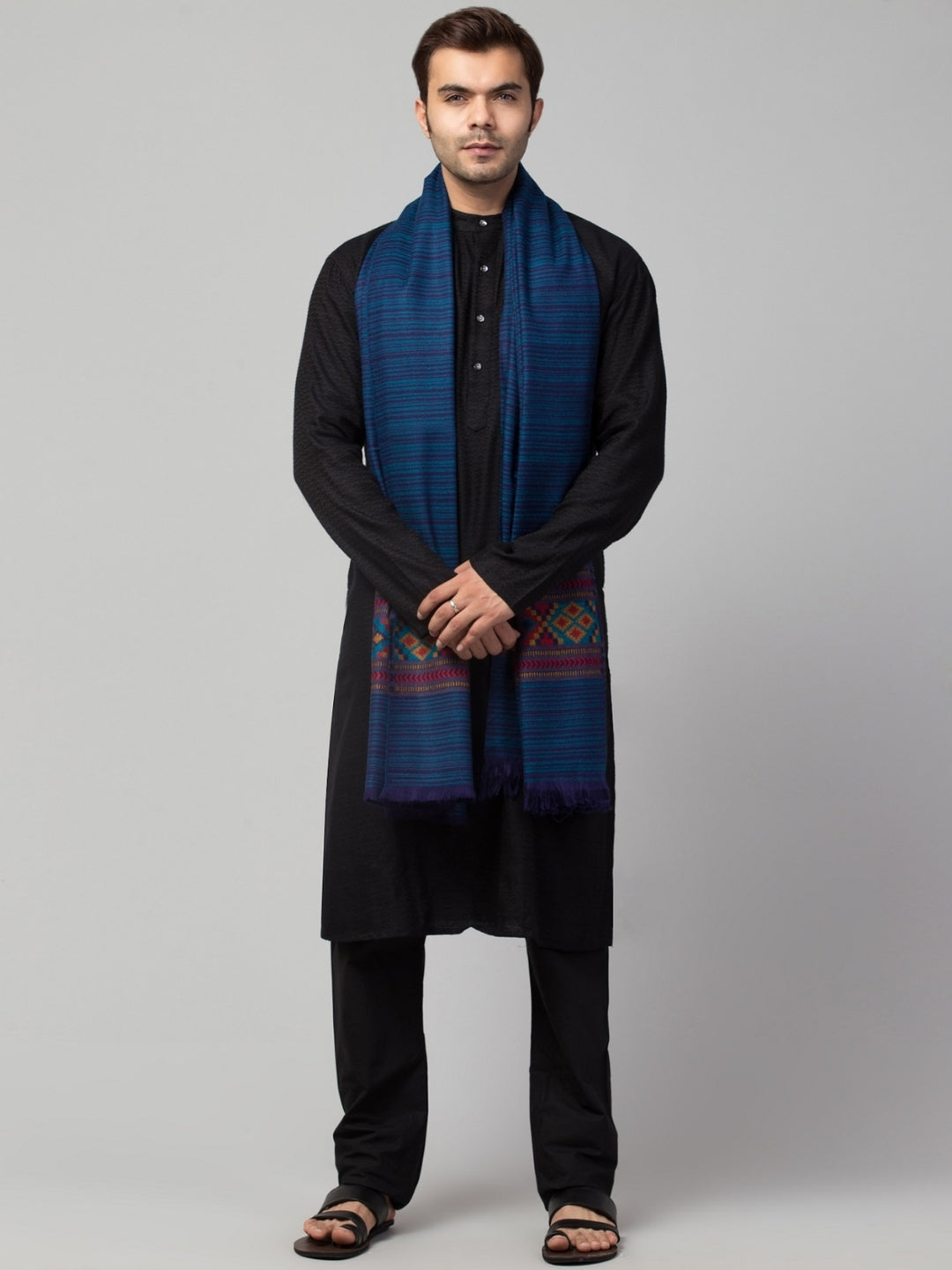 Tweedle Kullu Pattern Wool Blend Shawl for Men | Traditional Himachali Design | Light Blue -  40x80