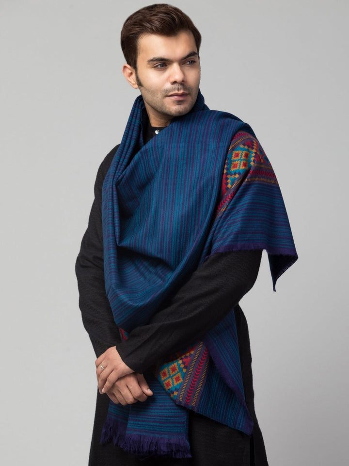 Tweedle Kullu Pattern Wool Blend Shawl for Men | Traditional Himachali Design | Light Blue -  40x80