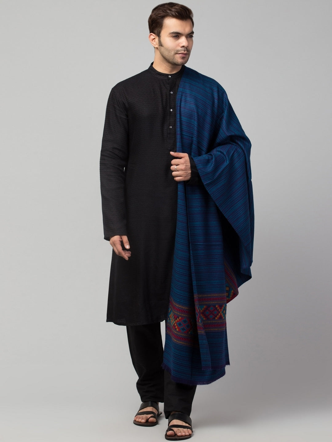 Tweedle Kullu Pattern Wool Blend Shawl for Men | Traditional Himachali Design | Light Blue -  40x80