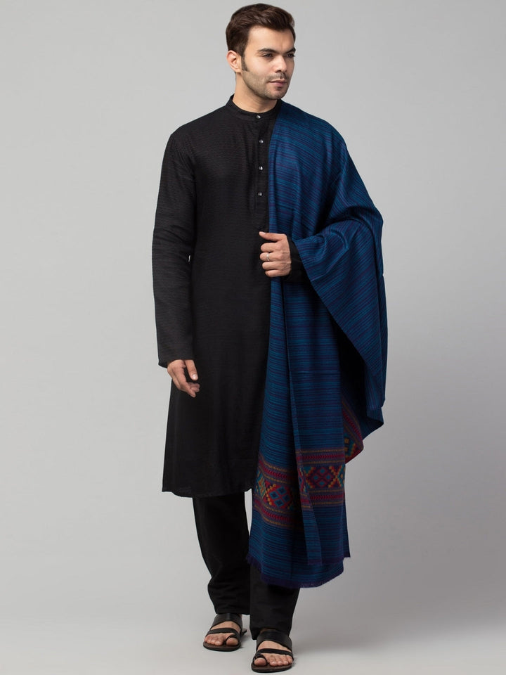 Tweedle Kullu Pattern Wool Blend Shawl for Men | Traditional Himachali Design | Light Blue -  40x80