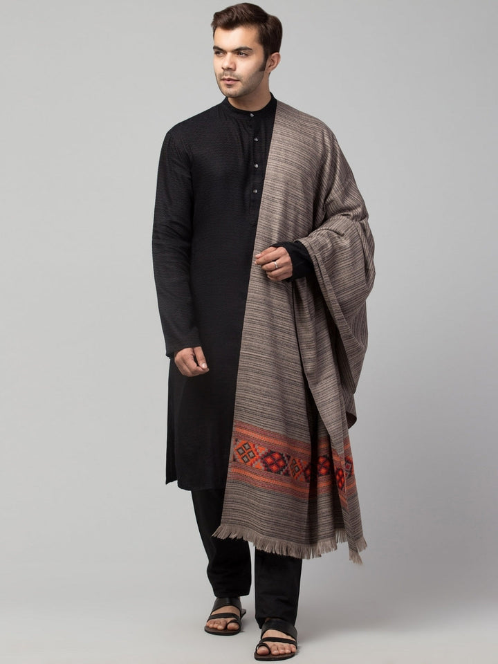 Tweedle Kullu Pattern Wool Blend Shawl for Men | Traditional Himachali Design | Grey -  40x80
