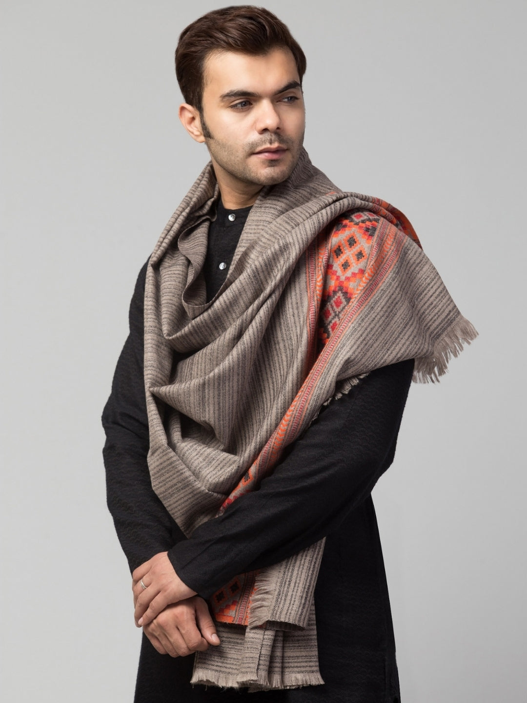 Tweedle Kullu Pattern Wool Blend Shawl for Men | Traditional Himachali Design | Grey -  40x80