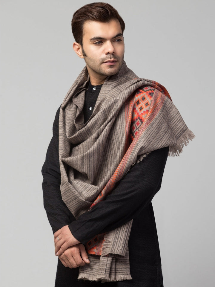 Tweedle Kullu Pattern Wool Blend Shawl for Men | Traditional Himachali Design | Grey -  40x80
