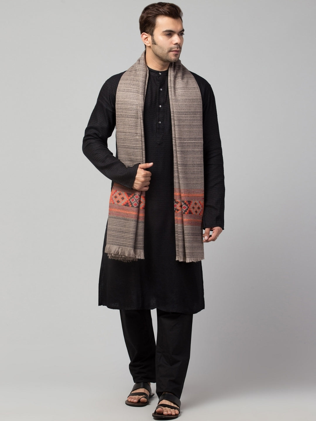 Tweedle Kullu Pattern Wool Blend Shawl for Men | Traditional Himachali Design | Grey -  40x80