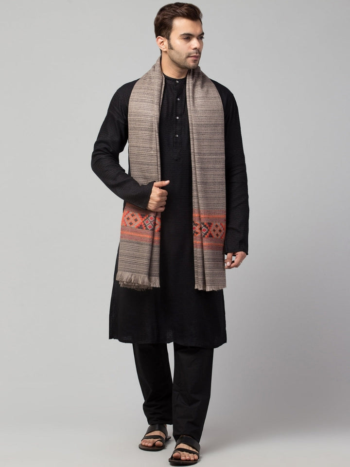 Tweedle Kullu Pattern Wool Blend Shawl for Men | Traditional Himachali Design | Grey -  40x80