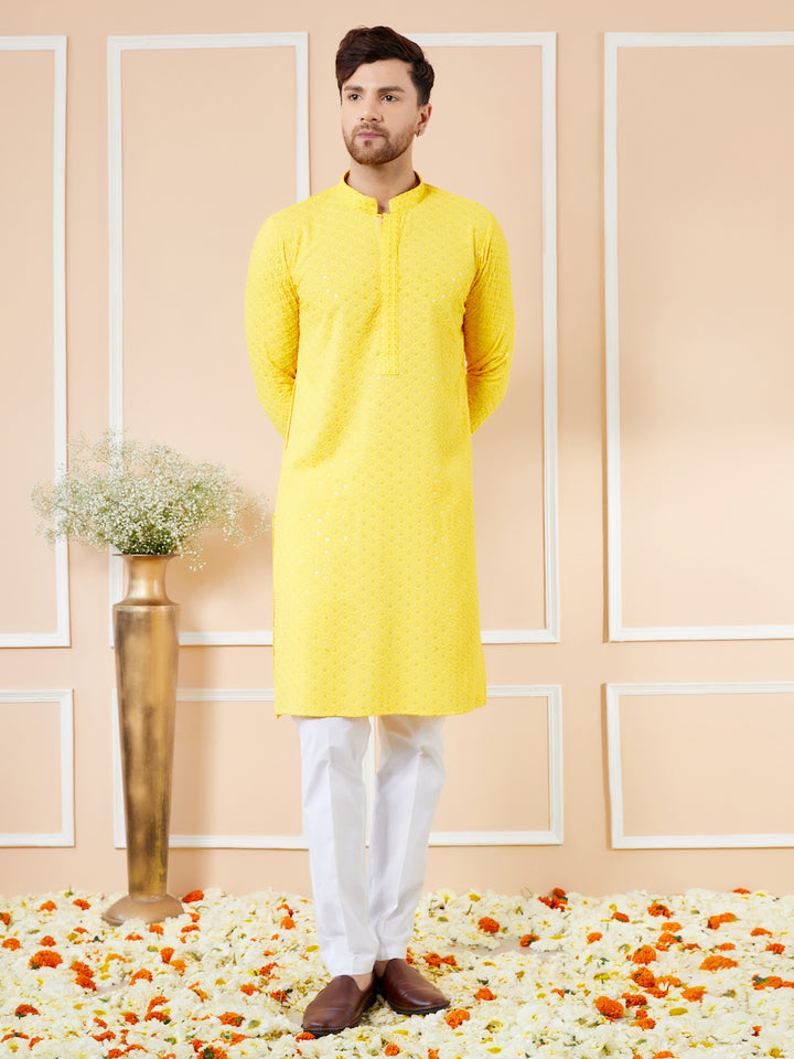 Yellow Sequins Embroidered Rayon Kurta with Pyjama