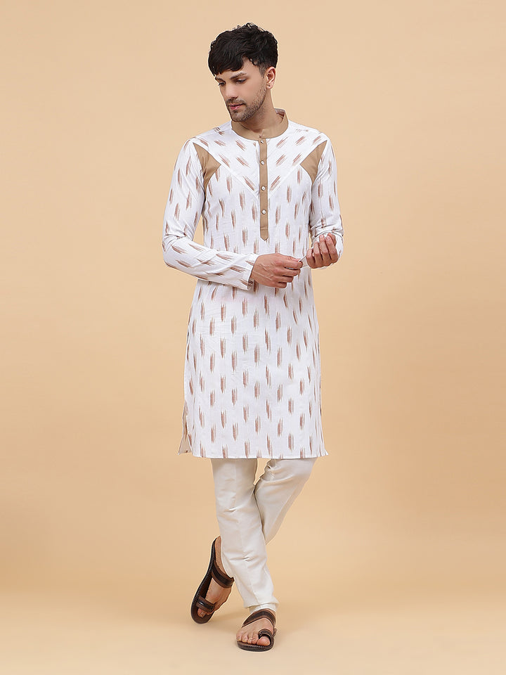 White Ikat Printed Kurta With Pyjama