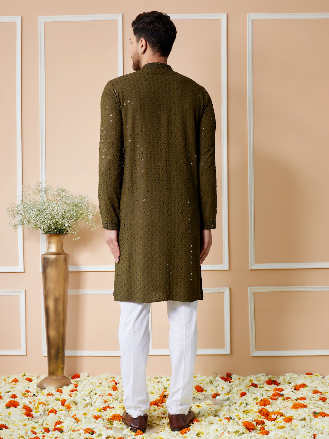 Olive Sequins Embroidered Rayon Kurta with Pyjama