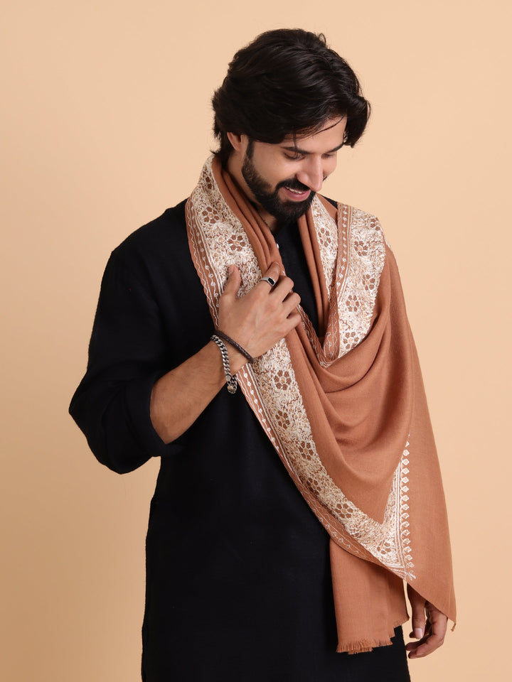 Tweedle Fine Wool Aari Embroidery Stole / Scarf for Men, Border Design with Stone Work - Beige