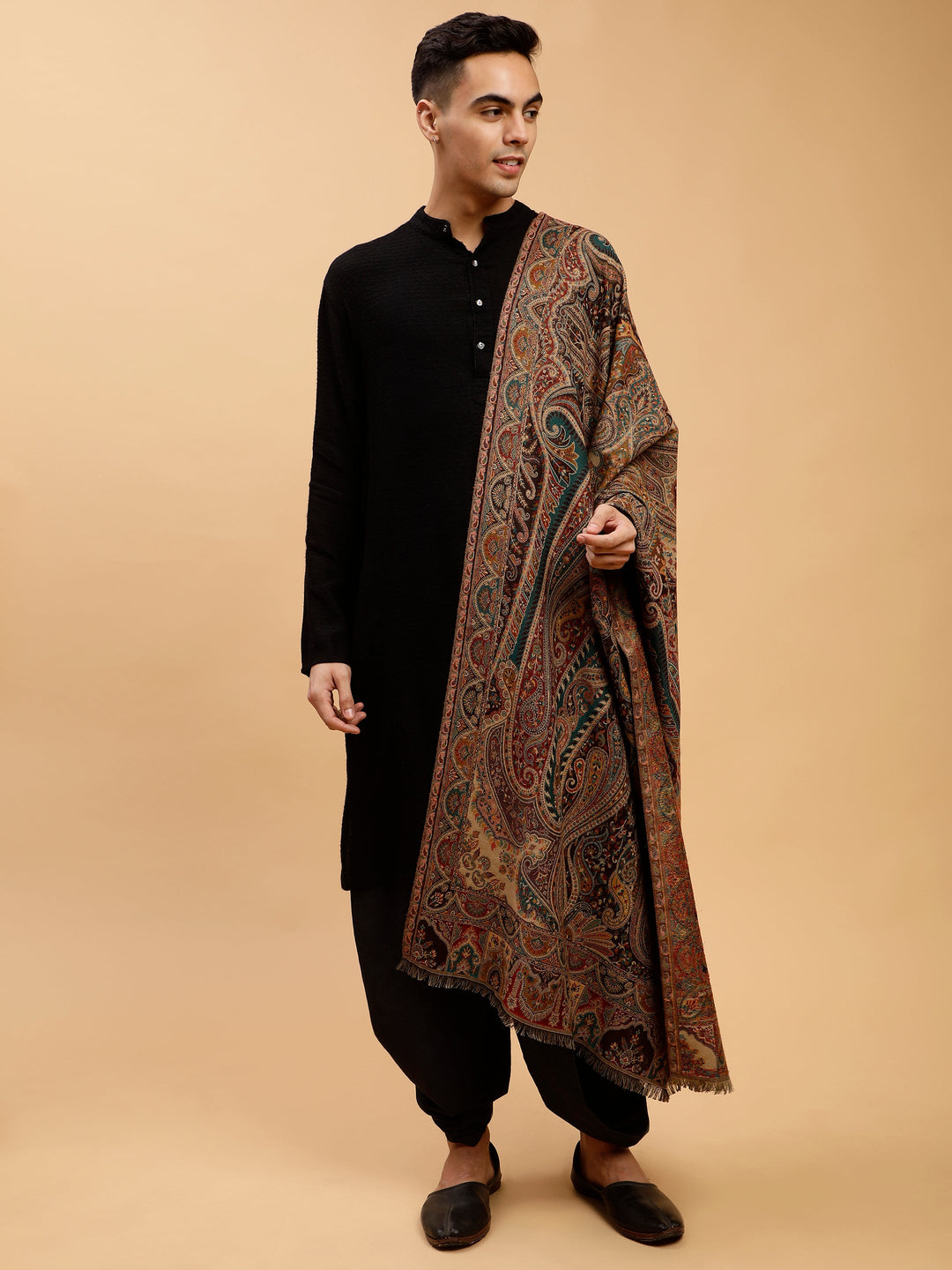 Tweedle Traditional Kashmiri Shawl/ Stole for Men, Wool Blend, Paisley Pattern – Black