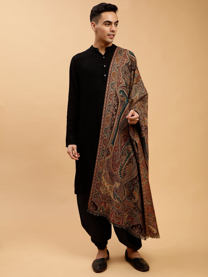 Tweedle Traditional Kashmiri Shawl/ Stole for Men, Wool Blend, Paisley Pattern – Black