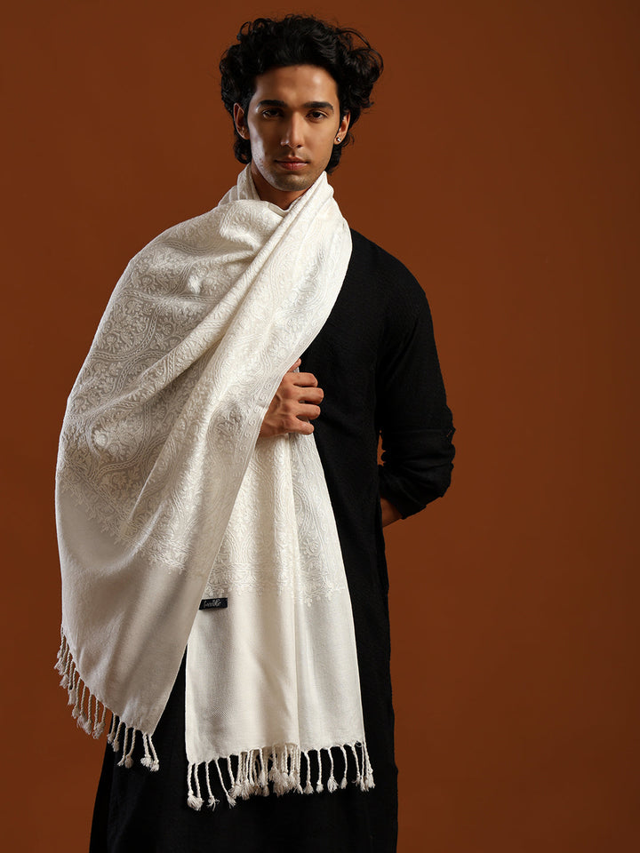 Tweedle Men’s Wool Blend Kashmiri Aari Embroidery Stole / Scarf for Winter - Off- White