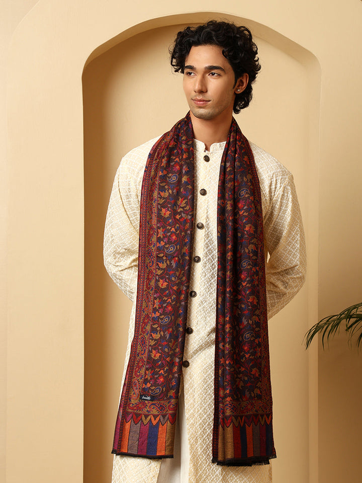 Tweedle Kashmiri Kani Stole for Men, Reversible Silk Modal Bamboo Scarf for Gents - Black