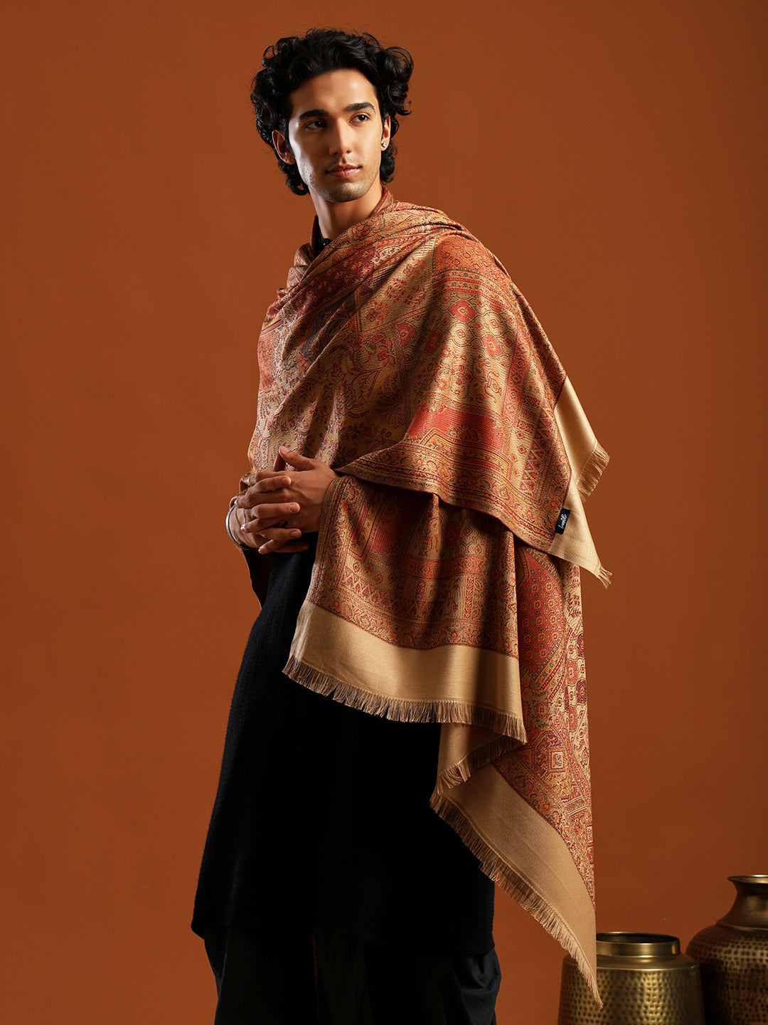 Tweedle Men’s Jamawar Shawl, Faux Pashmina, Reversible Design, Beige – Size 40 x 80 inches