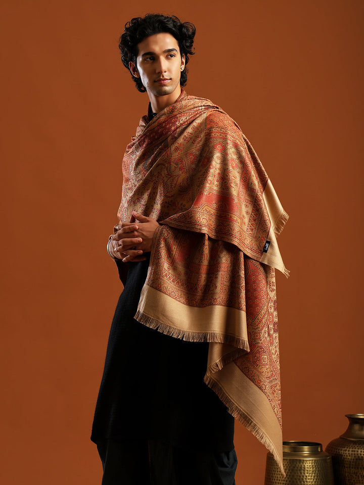 Tweedle Men’s Jamawar Shawl, Faux Pashmina, Reversible Design, Beige – Size 40 x 80 inches