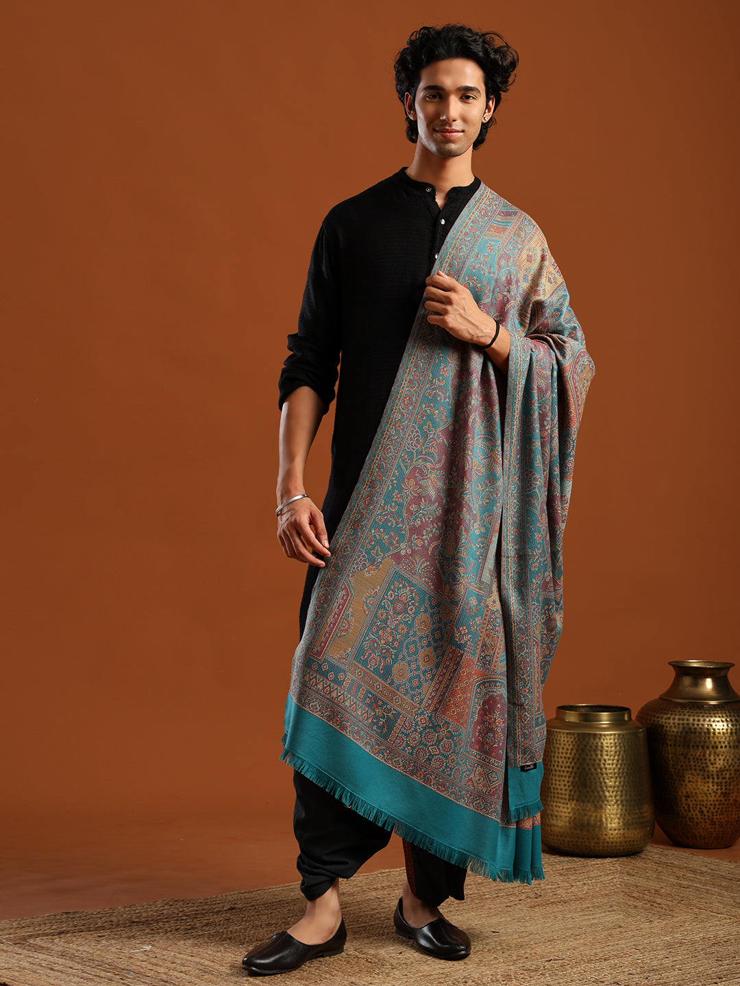 Tweedle Men’s Jamawar Shawl, Faux Pashmina, Reversible Design, Turquoise – Size 40 x 80 inches