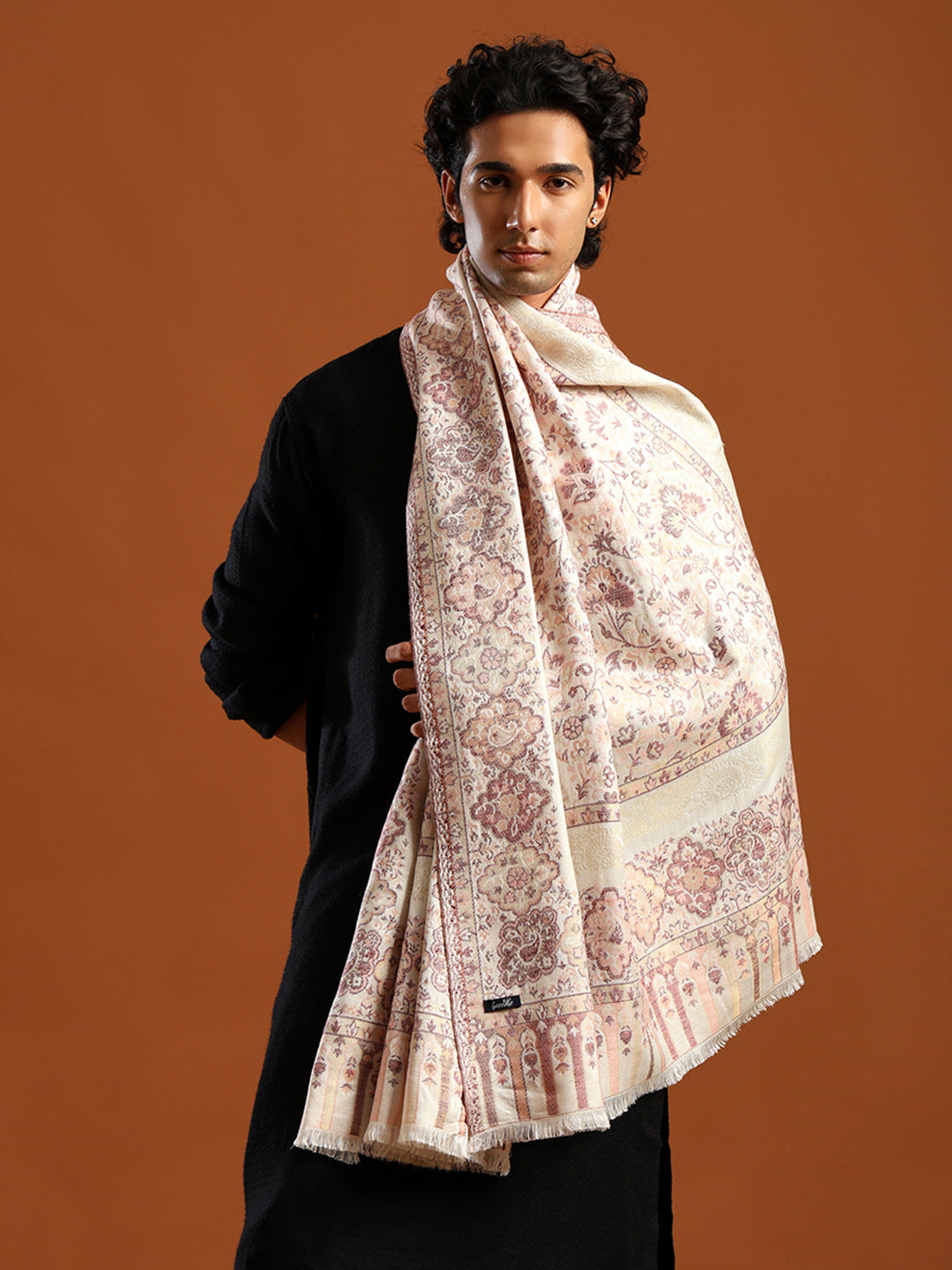 Tweedle Men’s Naira Kani and Zari Border Shawl/ Stole - Off-White, Size - 40 x 80 inches