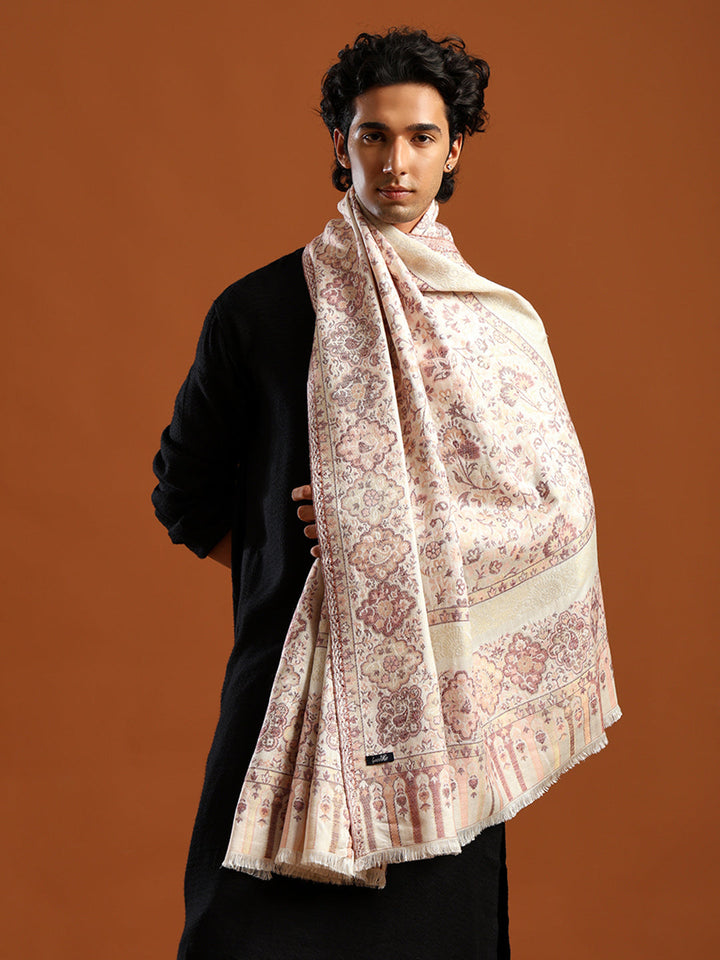 Tweedle Men’s Naira Kani and Zari Border Shawl/ Stole - Off-White, Size - 40 x 80 inches