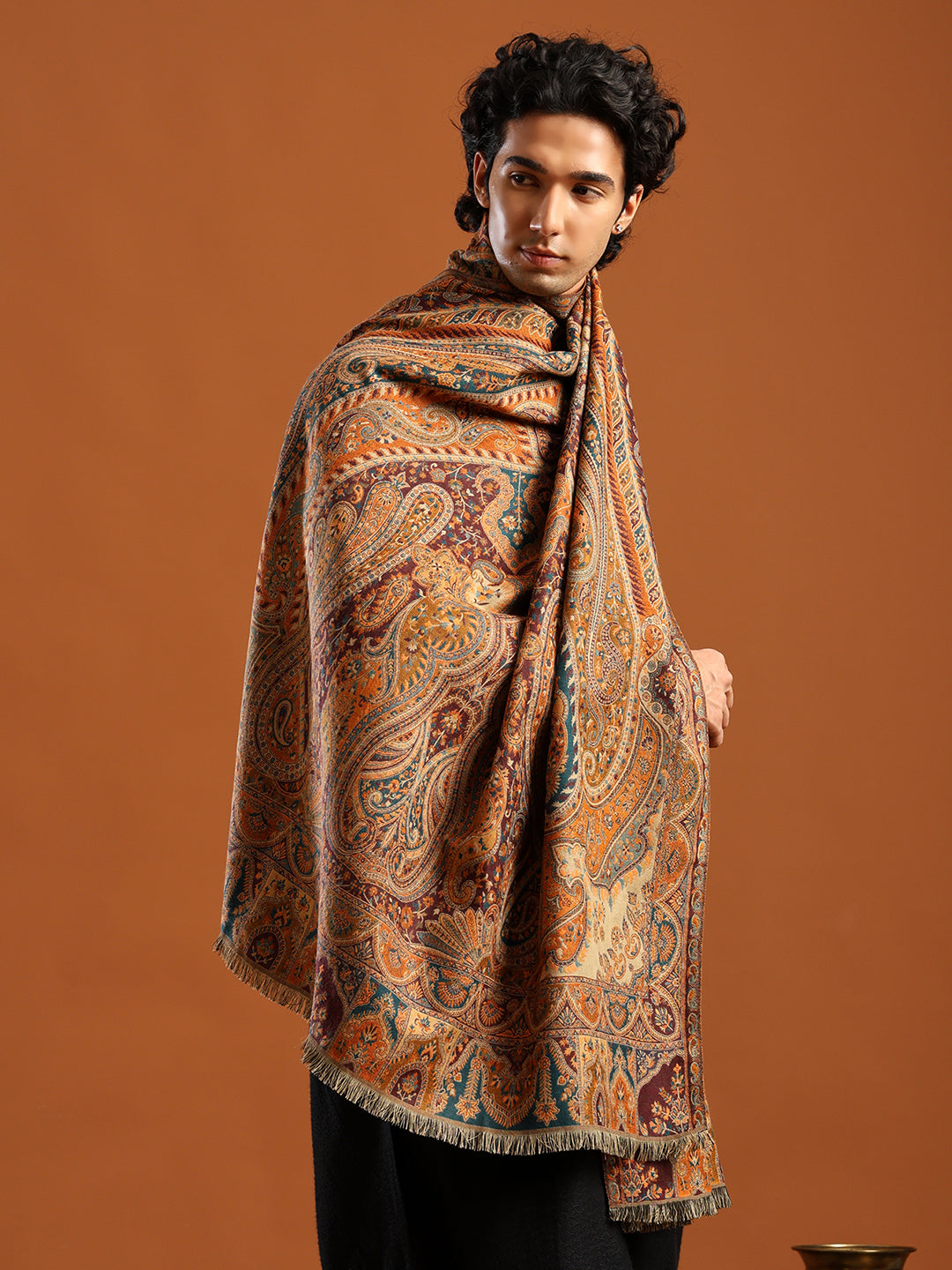 Tweedle Traditional Kashmiri Shawl/ Stole for Men, Wool Blend, Paisley Pattern – Beige