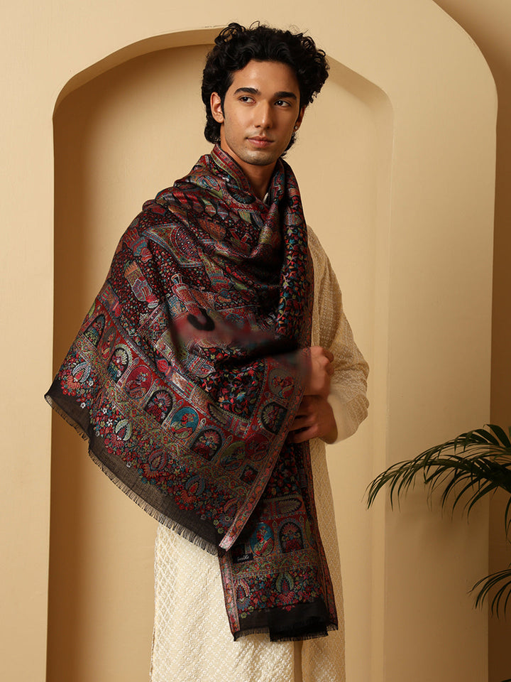 Tweedle Heritage Kashmiri Zari Stole for Women, Darbar Design, Soft Pashmina Feel - Black