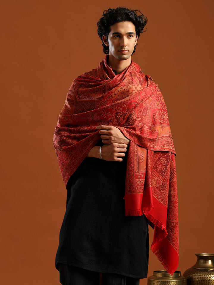 Tweedle Men’s Jamawar Shawl, Faux Pashmina, Reversible Design, Maroon – Size 40 x 80 inches