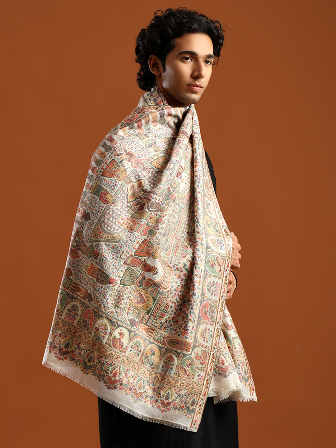 Tweedle Heritage Kashmiri Zari Stole for Women, Darbar Design, Soft Pashmina Feel - White