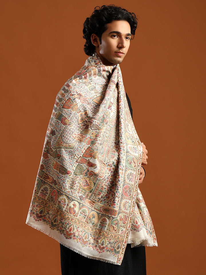 Tweedle Heritage Kashmiri Zari Stole for Women, Darbar Design, Soft Pashmina Feel - White