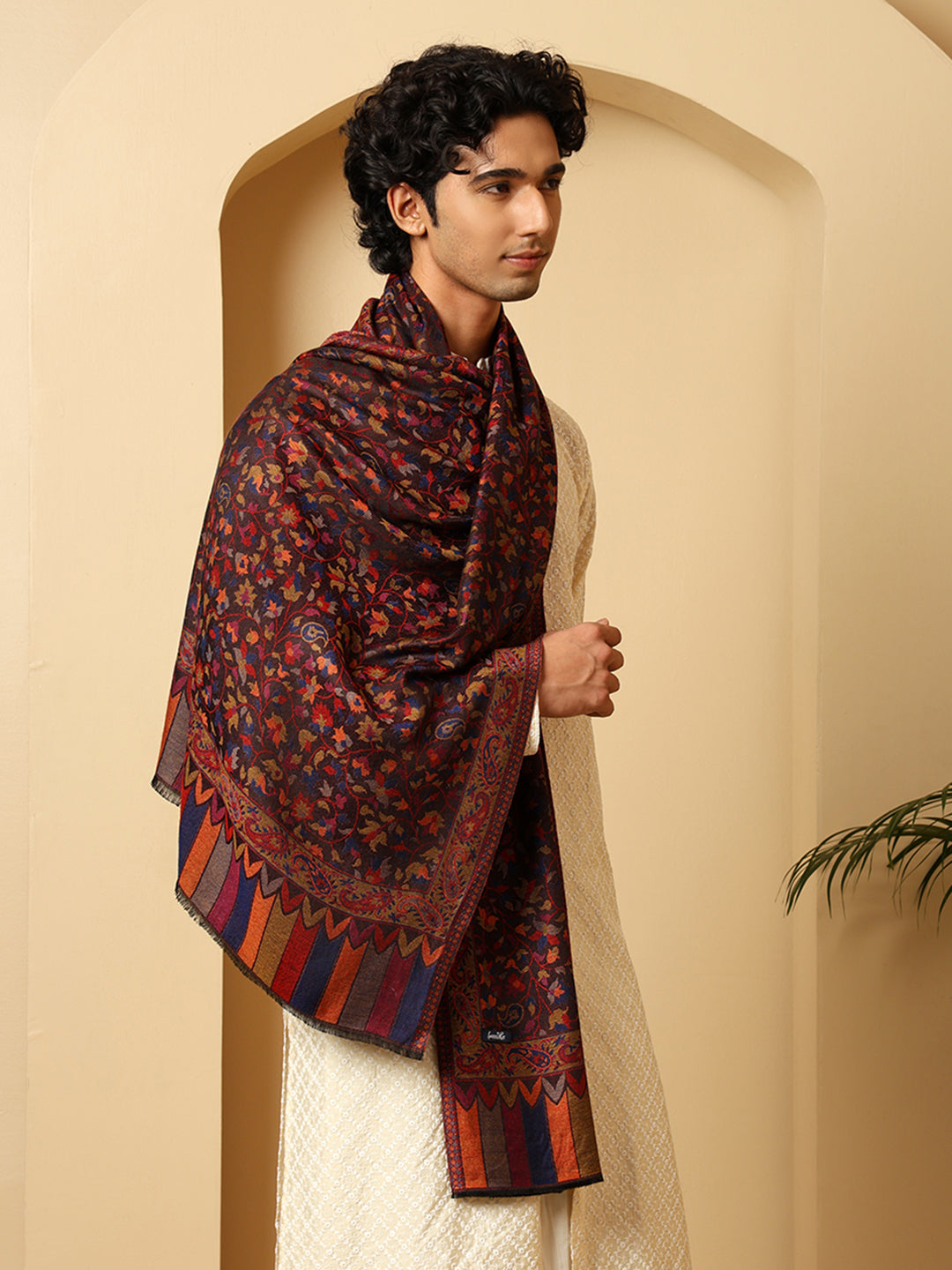 Tweedle Kashmiri Kani Stole for Men, Reversible Silk Modal Bamboo Scarf for Gents - Black