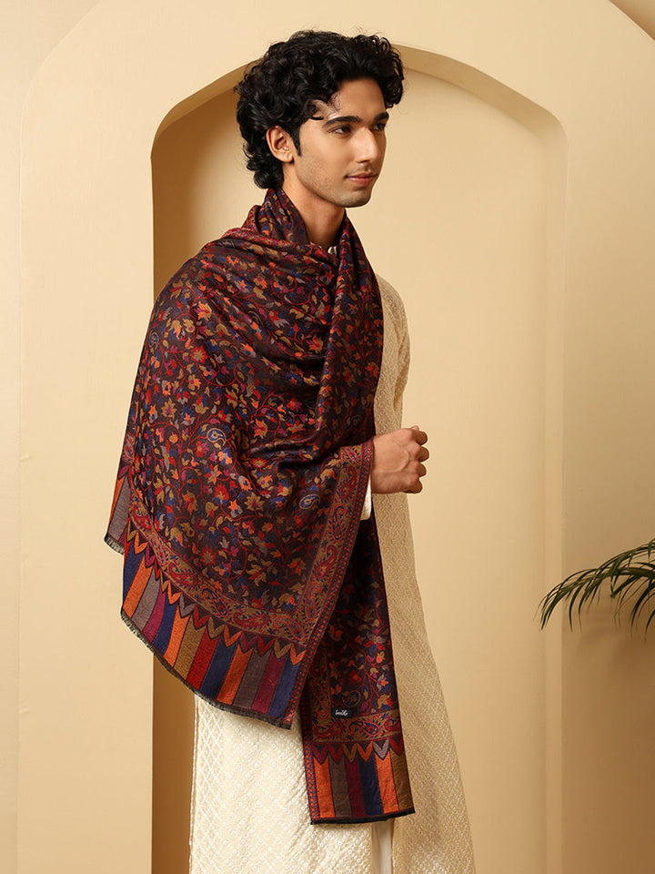 Tweedle Kashmiri Kani Stole for Men, Reversible Silk Modal Bamboo Scarf for Gents - Black