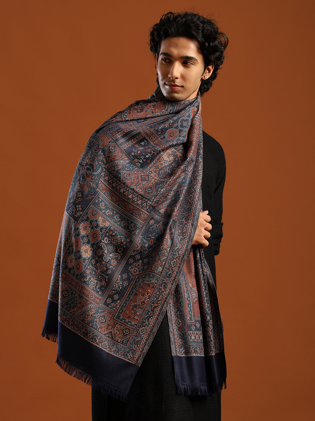 Tweedle Men’s Jamawar Shawl, Faux Pashmina, Reversible Design, Blue– Size 40 x 80 inches