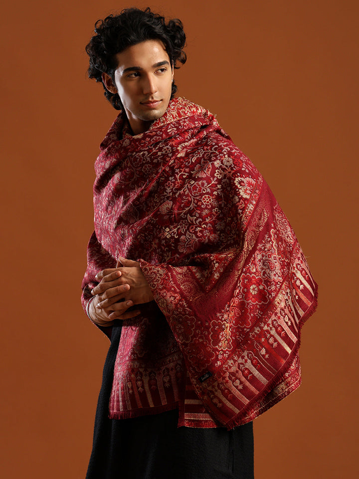 Tweedle Men’s Naira Kani and Zari Border Shawl/ Stole - maroon, Size - 40 x 80 inches