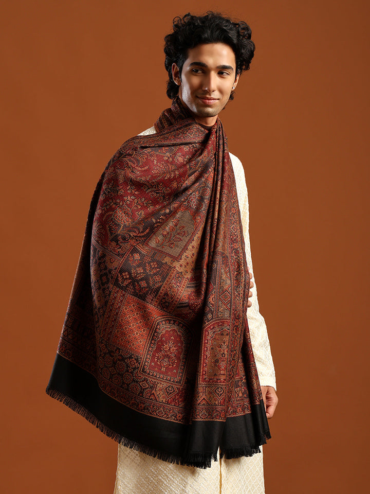 Tweedle Men’s Jamawar Shawl, Faux Pashmina, Reversible Design, Black – Size 40 x 80 inches