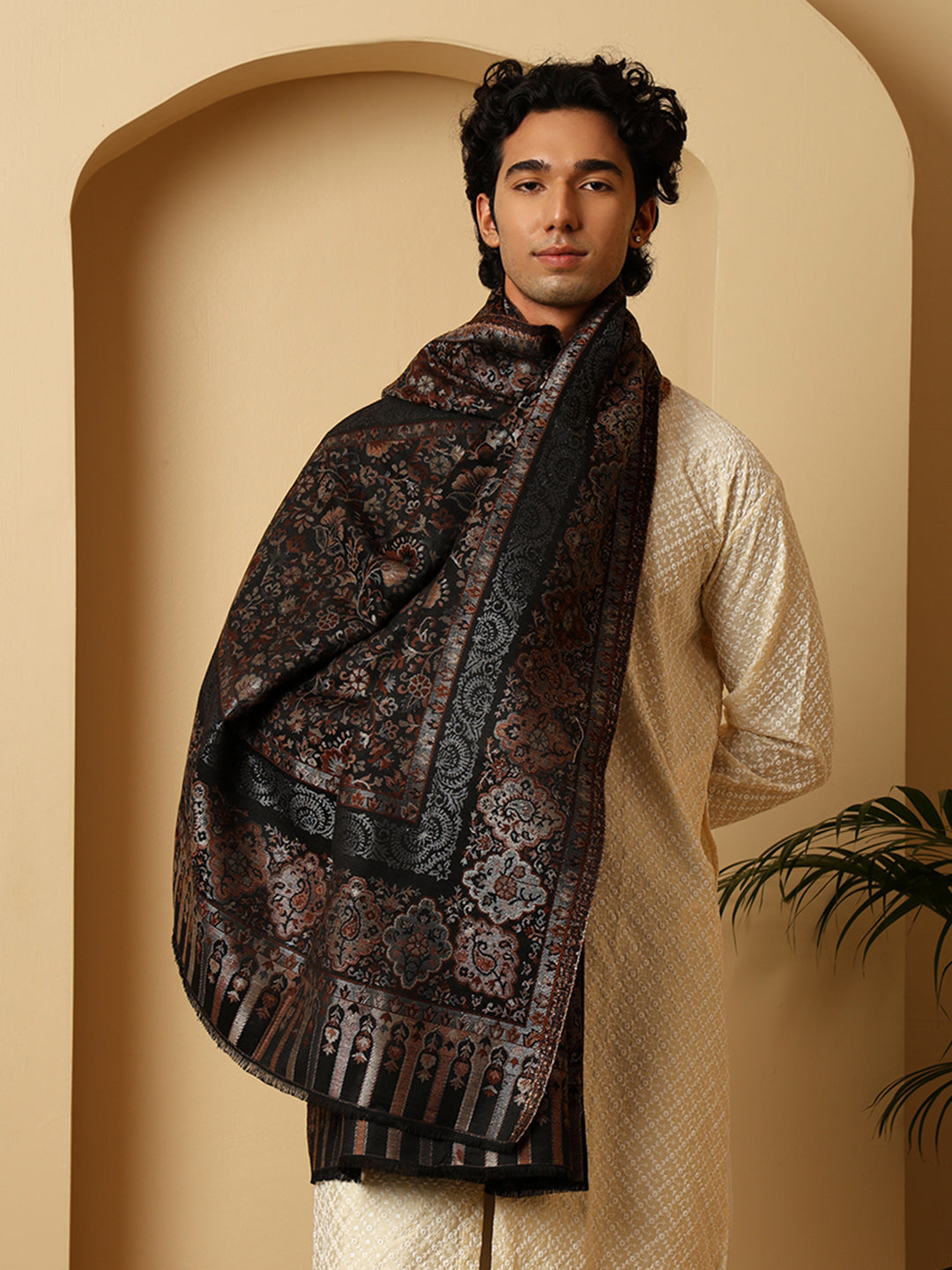Tweedle Men’s Naira Kani and Zari Border Shawl/ Stole - Black, Size - 40 x 80 inches
