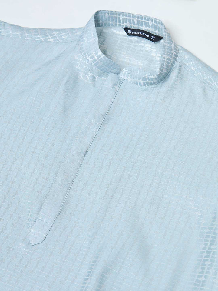 Aqua Blue Silk jacquard Straight Kurta with Pyjama