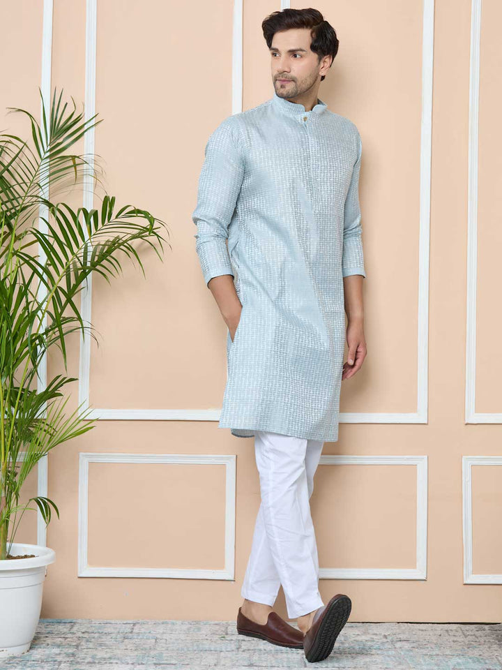Aqua Blue Silk jacquard Straight Kurta with Pyjama
