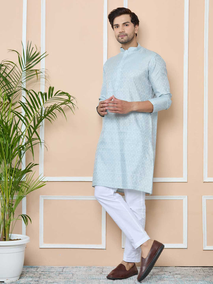 Aqua Blue Silk jacquard Straight Kurta with Pyjama