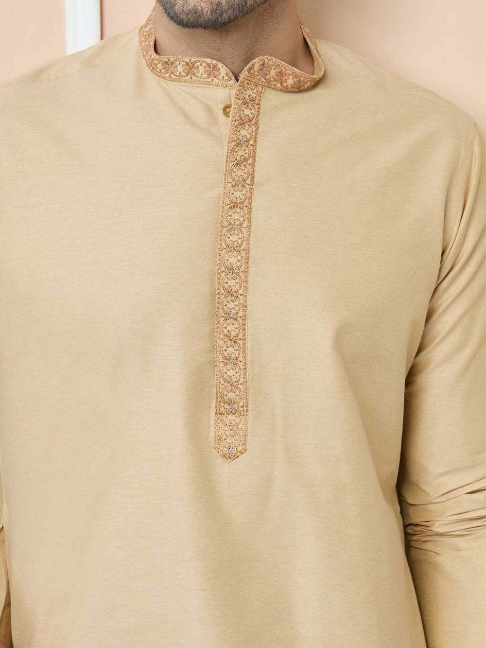 Beige Delux Cotton Straight Kurta with Embordered Neck and Pyjama – Beige