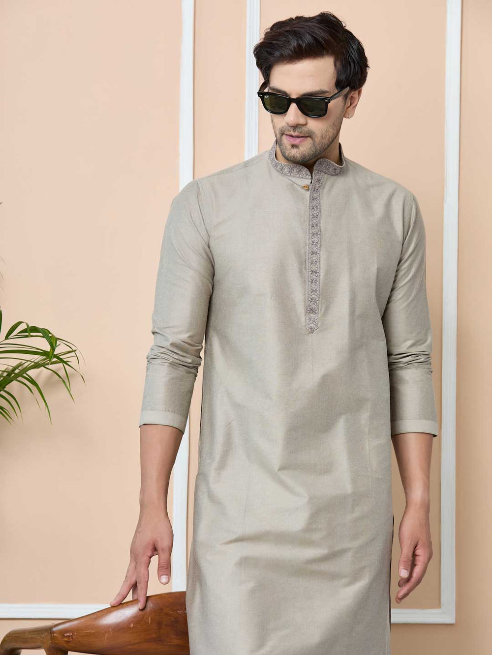 Dark Beige Delux Cotton Straight Kurta with Embordered Neck and Pyjama – Beige