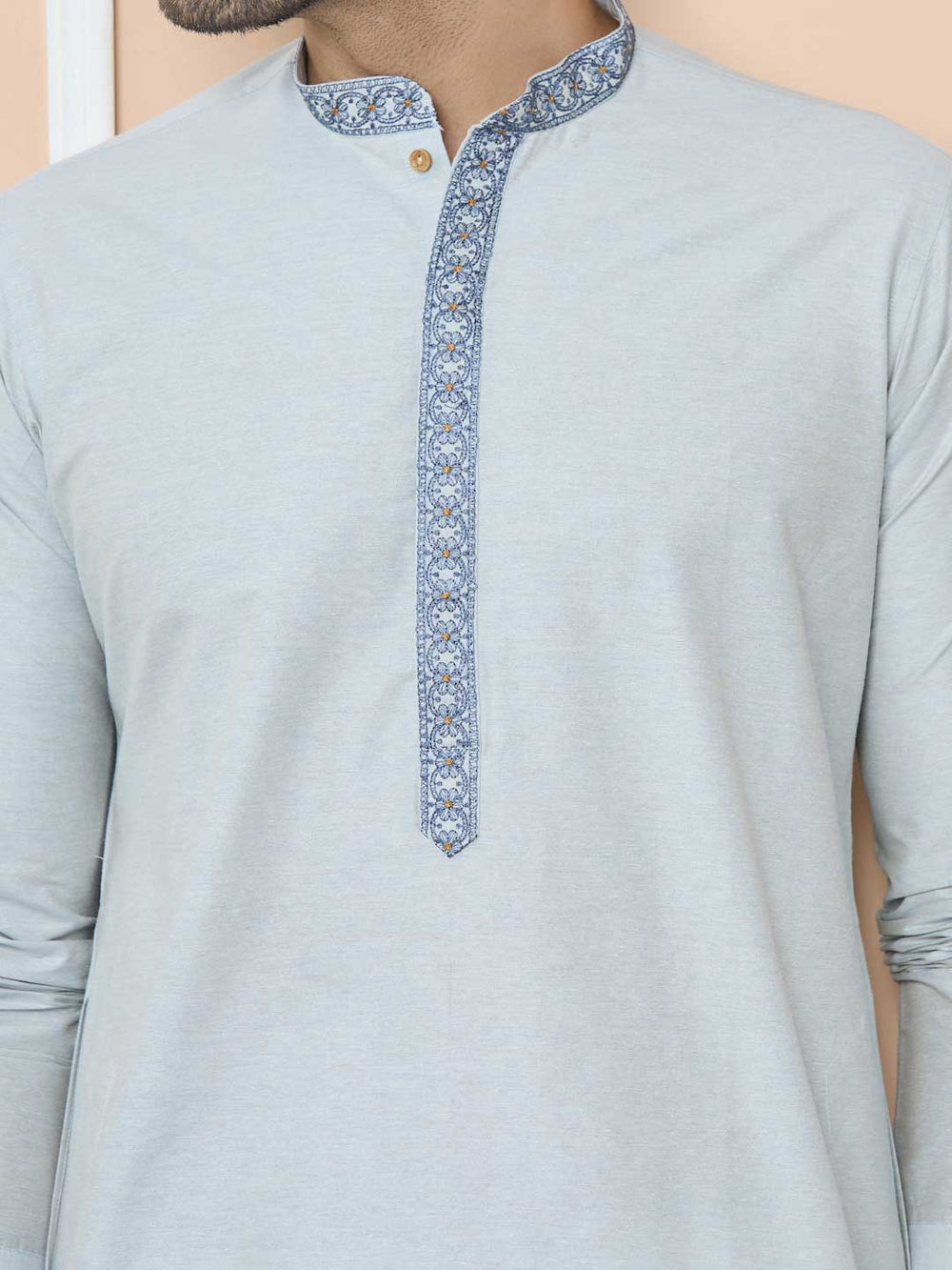 Gray Delux Cotton Straight Kurta with Embordered Neck and Pyjama – Gray-1