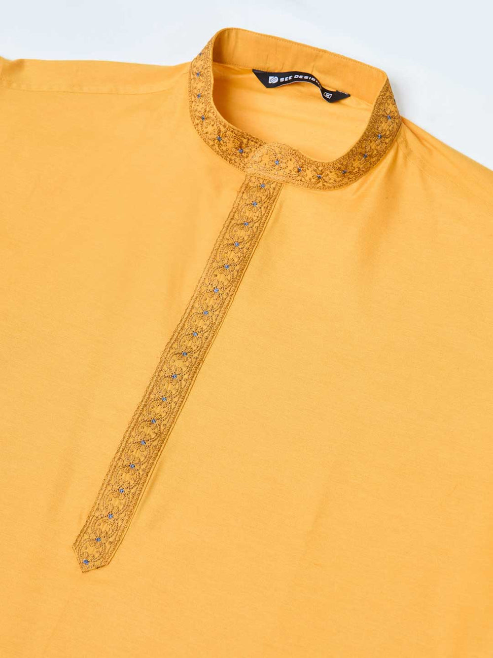 Mustard Delux Cotton Straight Kurta with Embordered Neck and Pyjama – Mustard