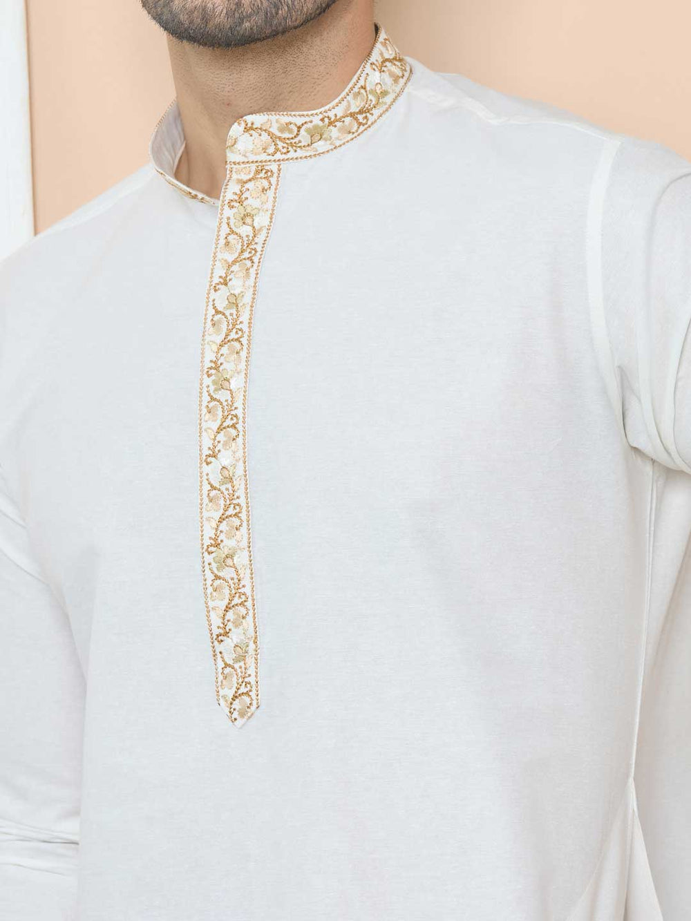 Off-white Delux Cotton Straight Kurta with Embordered Neck and Pyjama – Off-White