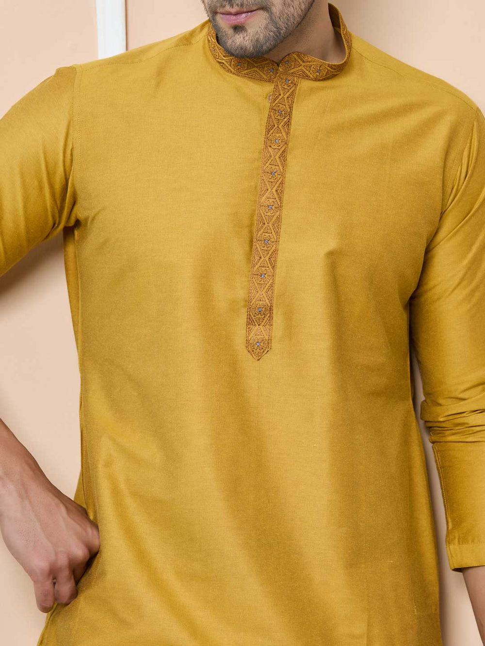 Golden Delux Cotton Straight Kurta with Embordered Neck and Pyjama – Gold