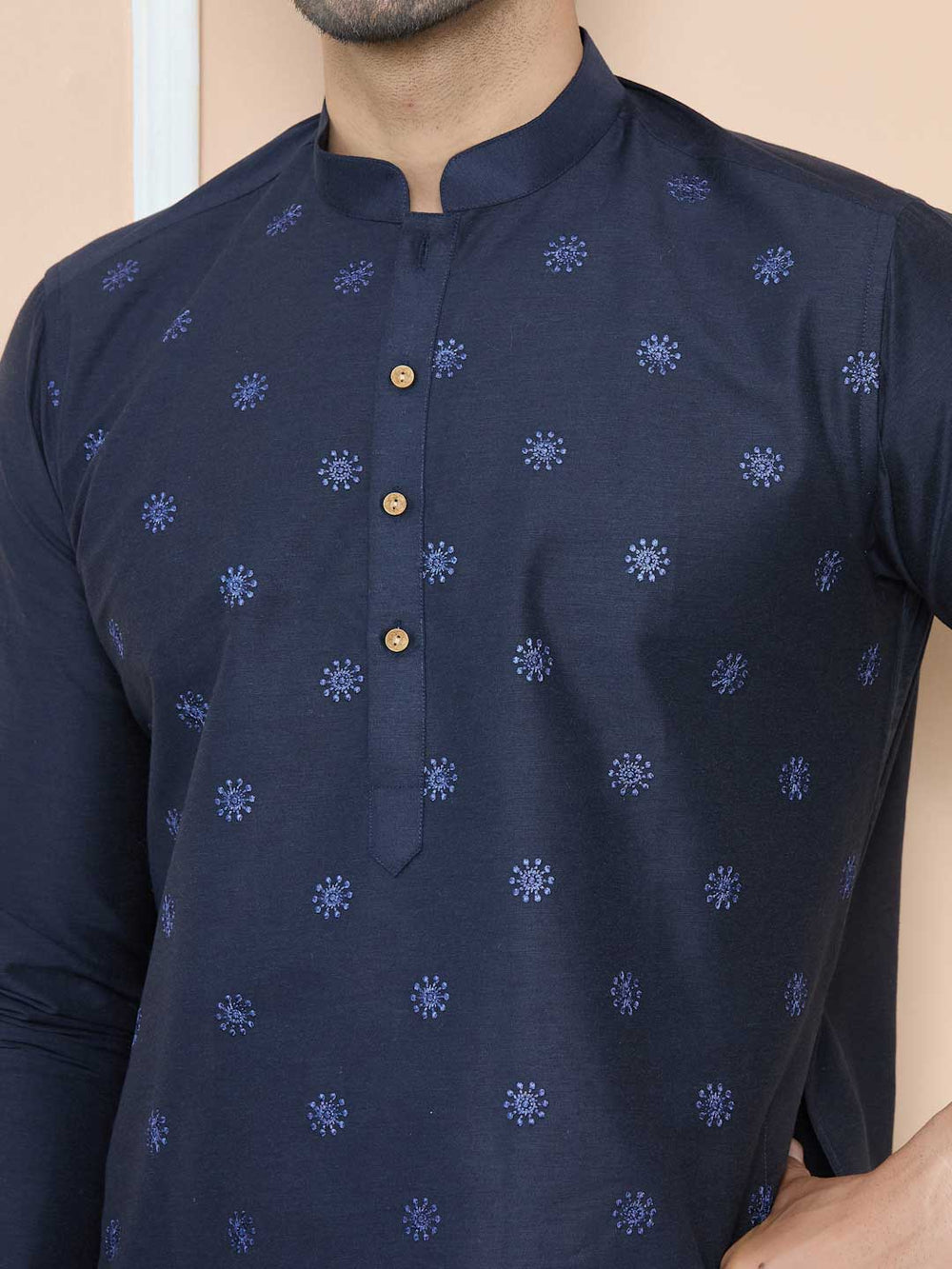 Navy Embroidered Delux Cotton Straight Kurta with Pyjama – Navy